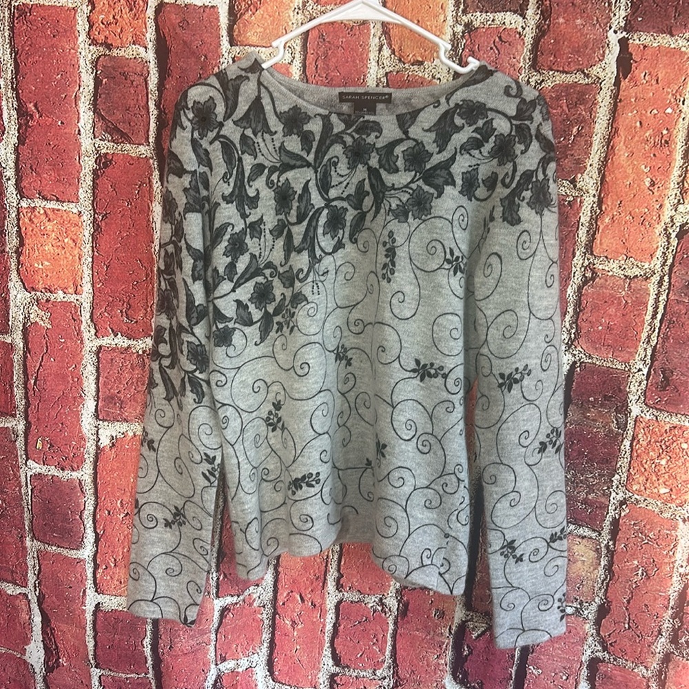Sarah Spencer Lambswool Angora Floral Graphic Sweater Womens medium Gray